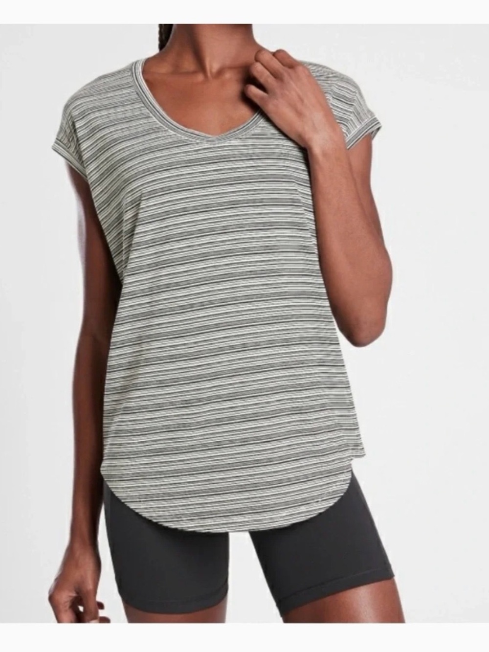 Athleta Stratus Breezy Gray & White Striped Tee